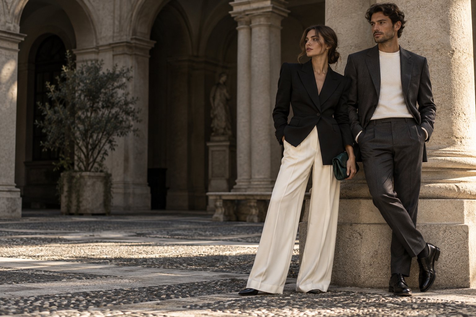 Original fashion campaign with women and men wearing tailored silhouettes