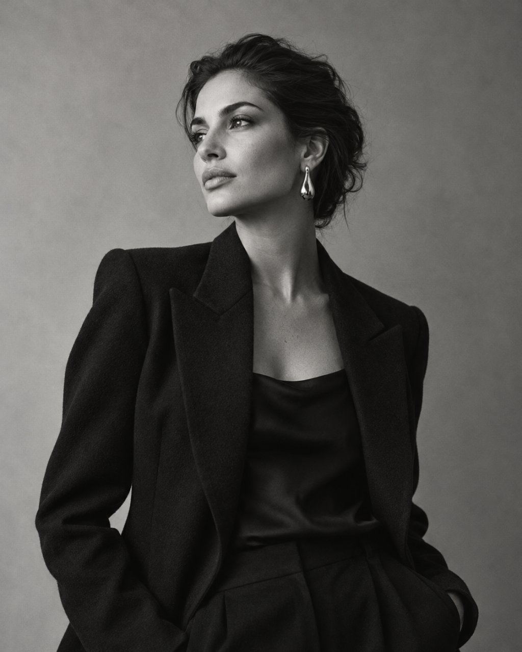 Original monochrome campaign portrait of a woman in sculptural black tailoring